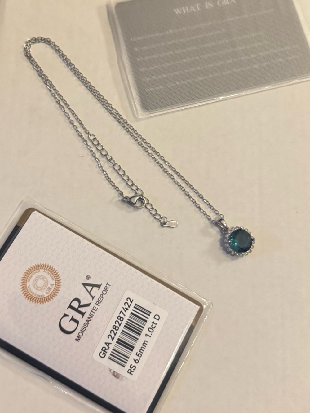 GRA Moissanite Silver Necklace with Blue Halo Pendant